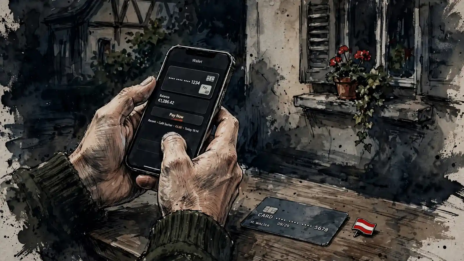 Hand hält Smartphone mit digitaler Geldbörse, Kreditkarte daneben