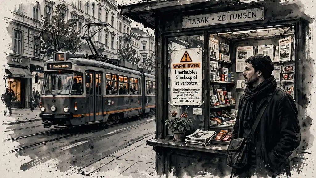 Passant sieht Warnschild zu illegalem Glücksspiel am Kiosk